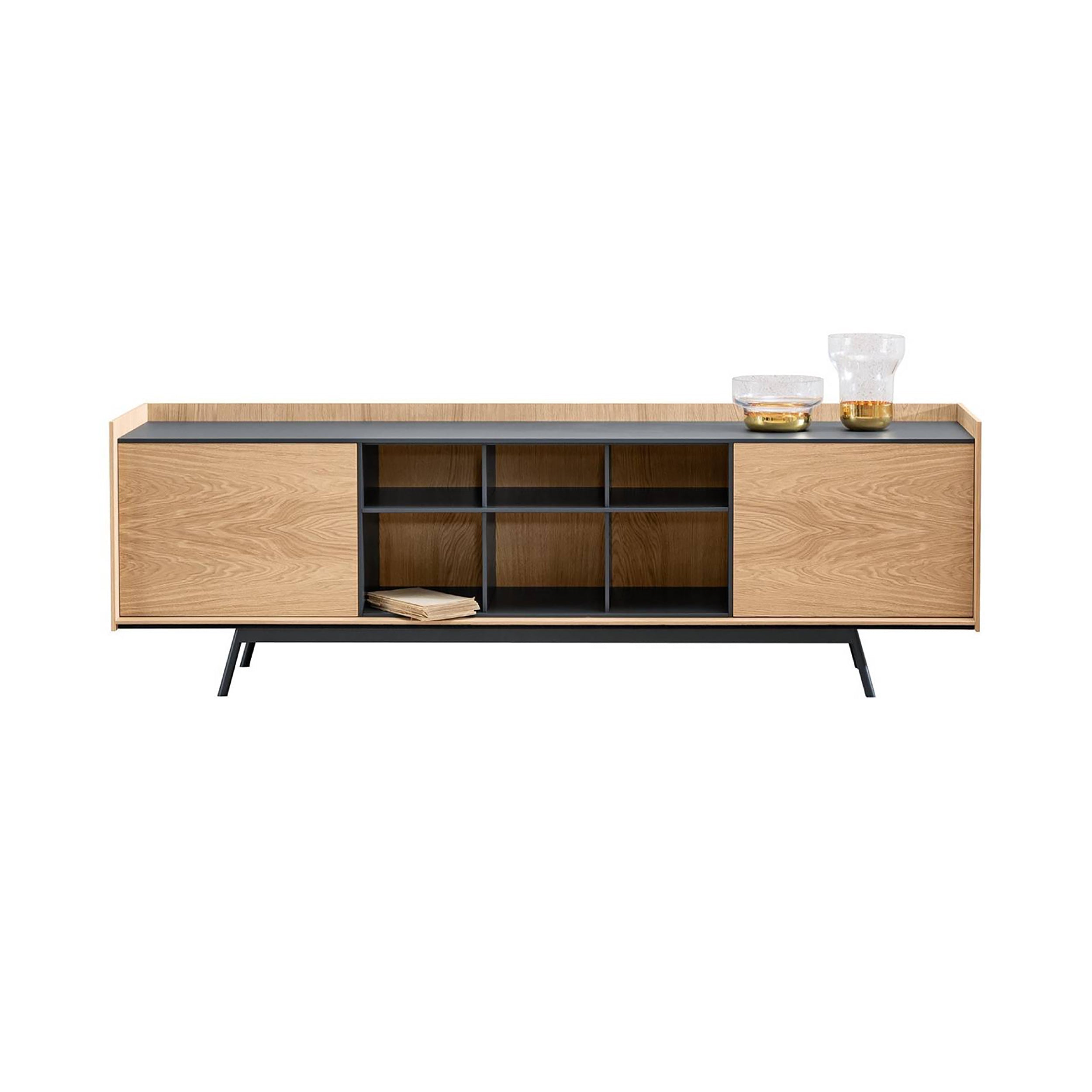 Edge Open Cabinet: Small + Lacquered Anthracite + Lacquered Black + Flamed Oak