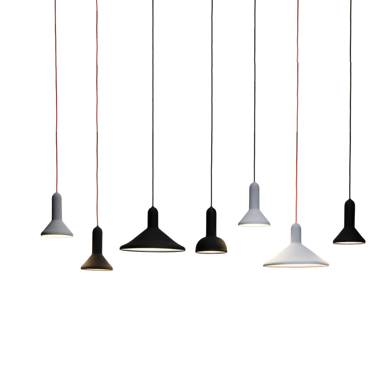 Torch Light Pendant: S1 Cone + Signal Grey + Red + S1 Cone + Black + Black + S3 Cone + Black + Black + S2 Round + Black + Black + S1 Cone + Grey + Black + S3 Cone + Grey + Red + S Cone + Black + Black