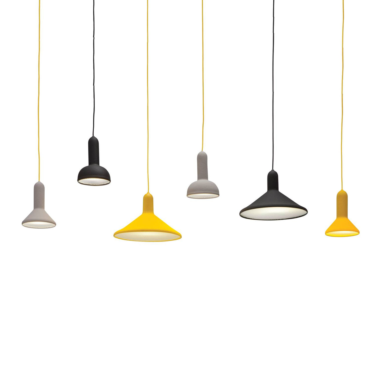 Torch Light Pendant: S1 Cone + Signal Grey + Yellow + S2 Round + Black + Black + S3 Cone + Yellow + yellow + S2 Round + Signal Grey + Yellow + S3 Cone + Black + Black + S1 Cone + Yellow + yellow 