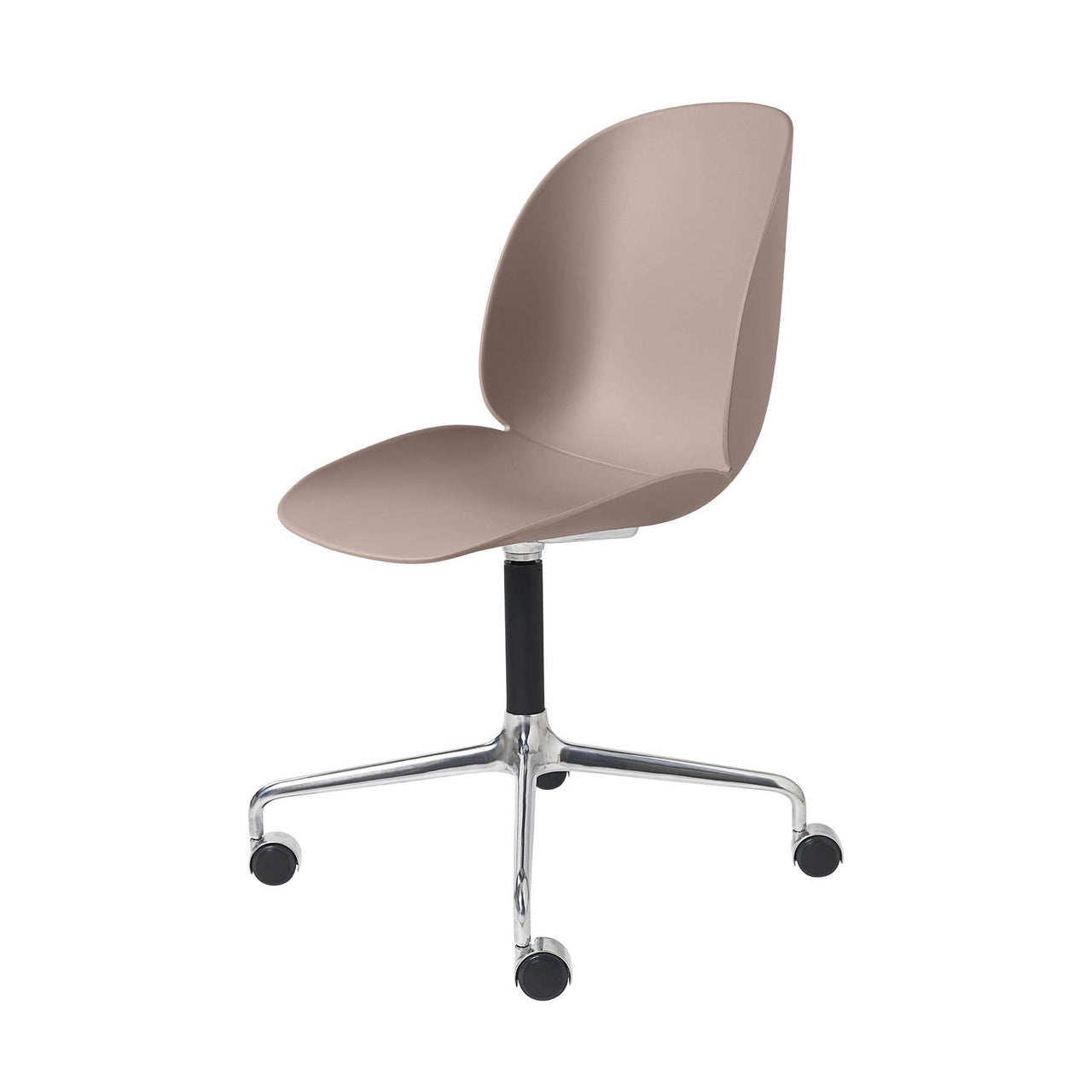 Beetle Meeting Chair: 4-Star Swivel Base with Castors + Sweet Pink + Polished Aluminum + Black Matt
