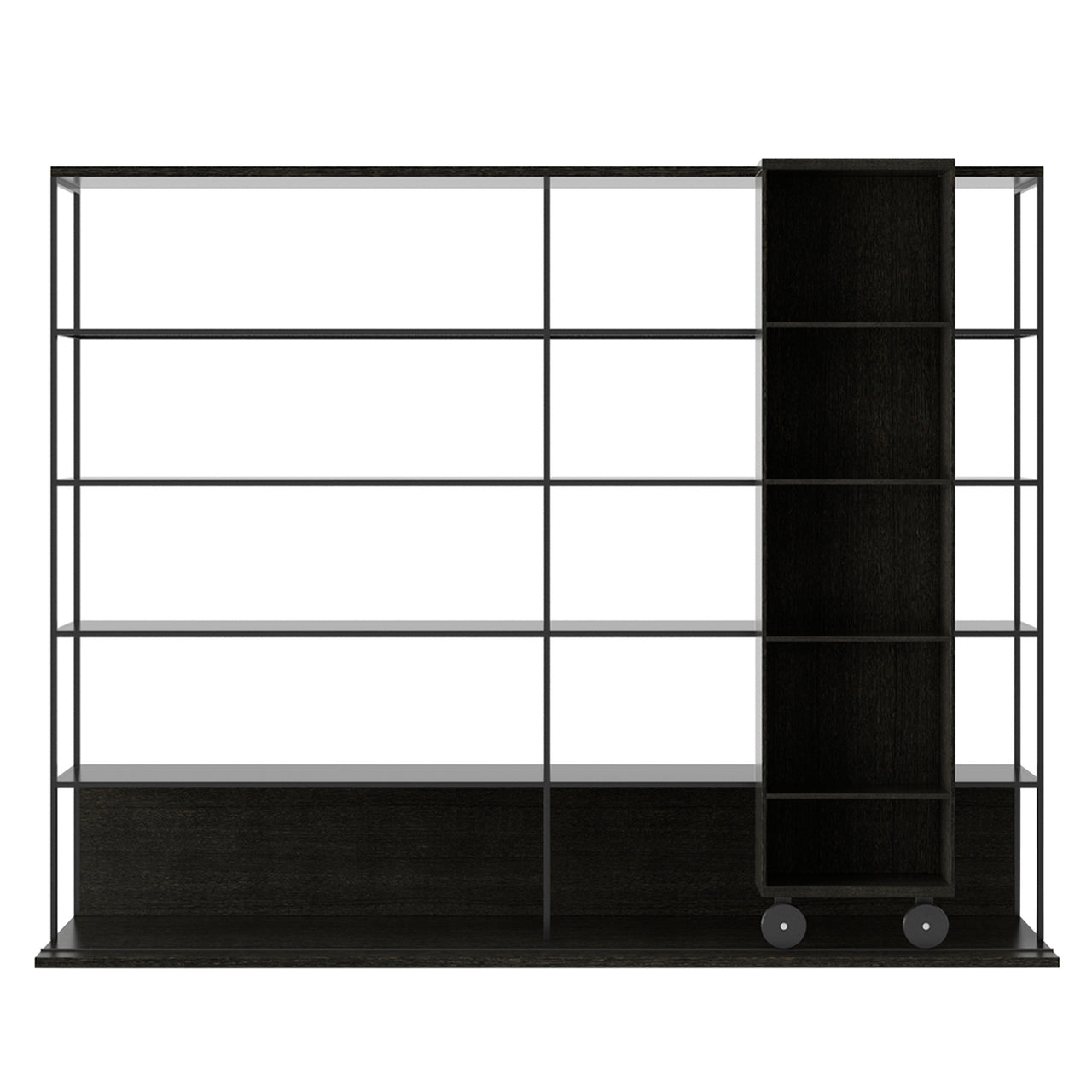 Literatura Open Shelf: Composition 4 + Low + Dark Grey Stained Oak + Black + With Glider Shelf